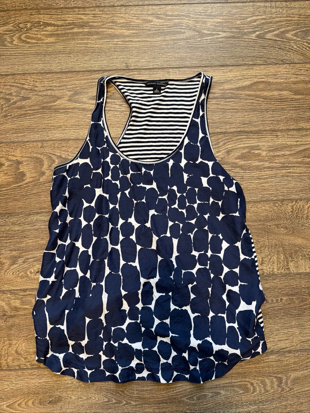 Banana Republic Navy and White Abstract Dot Racerback Tank Silk front